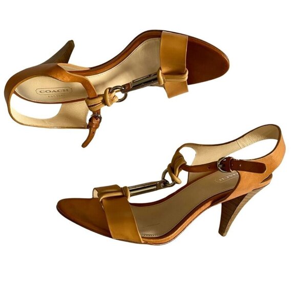 COACH GENESIS CAMEL BROWN LEATHER T-STRAPS SANDALS - 7B - Picture 6 of 10